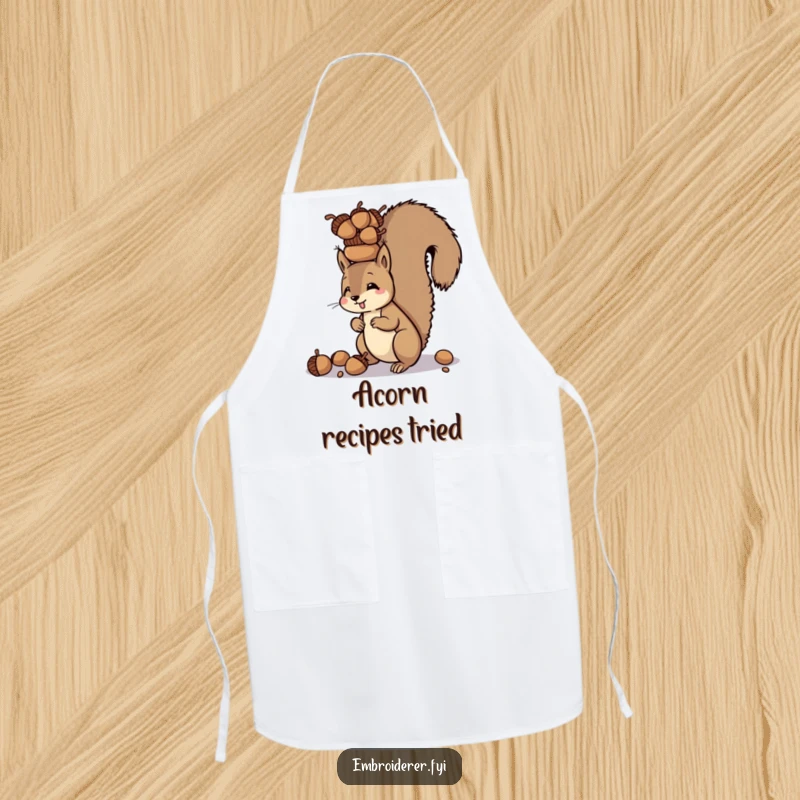 Funny apron depicting a squirrel balancing a tower of acorns on its head, ideal for kitchen fun and resourceful cooks.