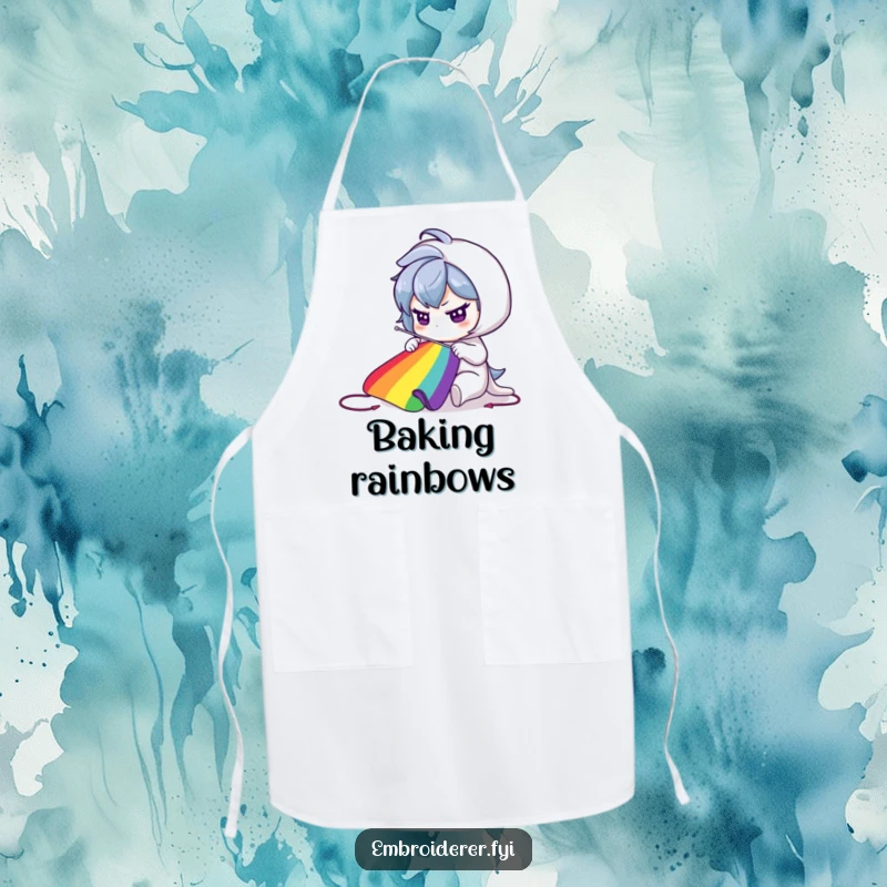 Funny Apron: Determined character sewing a vibrant rainbow, ideal for creative endeavors.