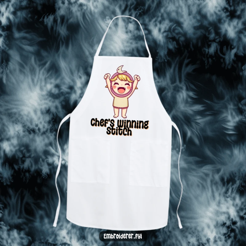 Funny embroidered patch apron, illustrating a character proudly holding a beautiful embroidered patch, ideal for a crafter's workspace.