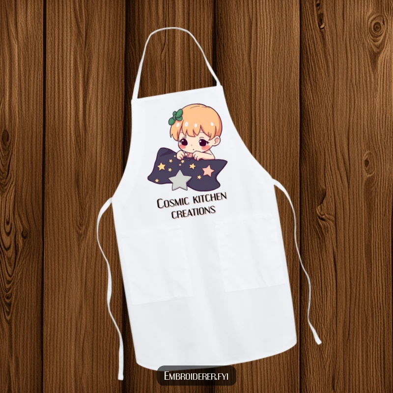 Funny apron showing a determined character carefully stitching tiny stars onto dark fabric, a celestial crafting accessory.