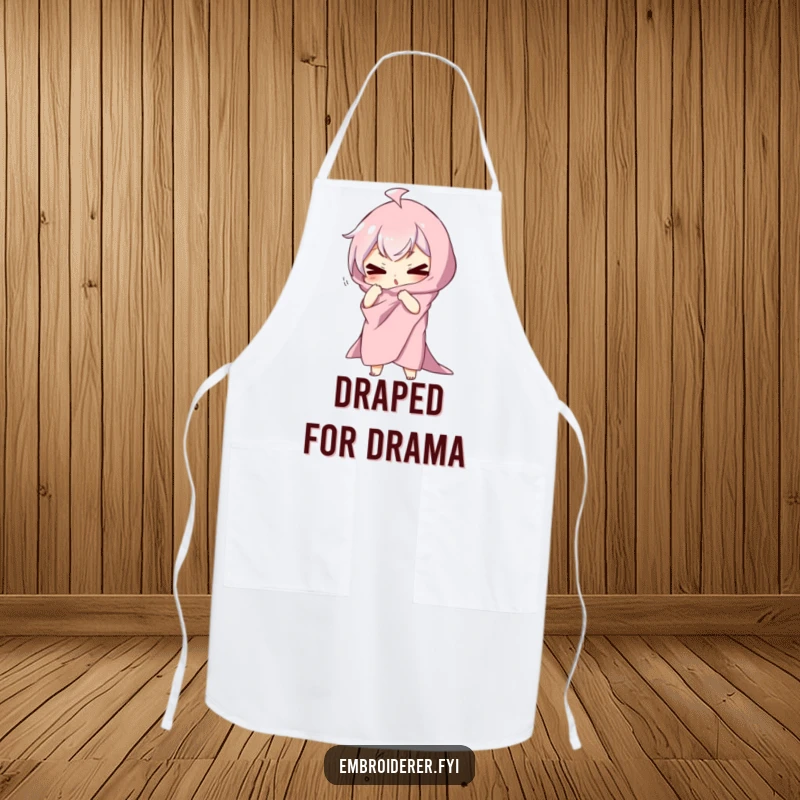 Funny apron featuring a character draped in fabric, striking a silly, dramatic pose, perfect for adding theatrical flair to kitchen duties.