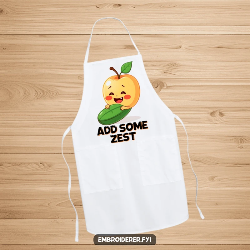 Funny apron with a delighted apple trying to stitch a smile onto a grumpy cucumber's face.