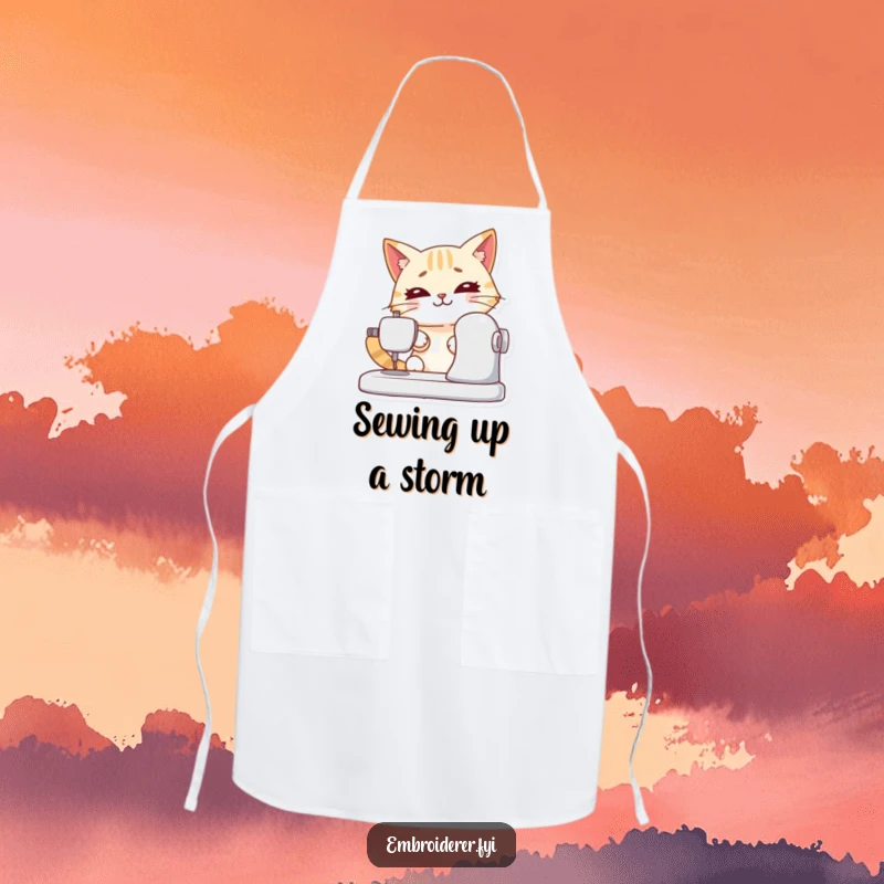 Funny apron displaying a determined cat sewing, providing protection with a humorous and focused crafting style.