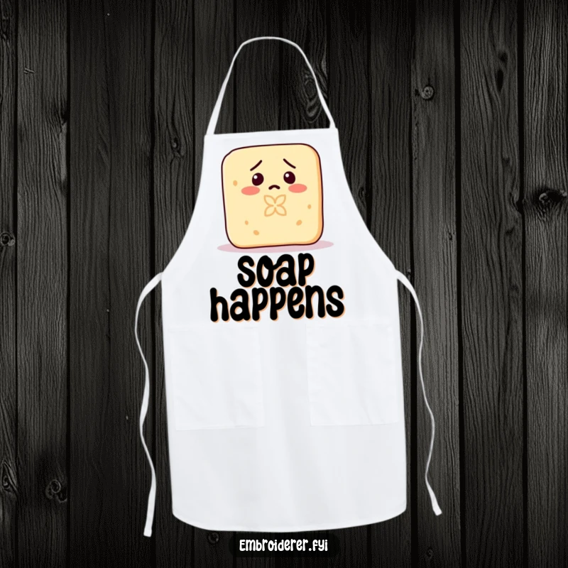 Funny apron showing a confused bar of soap accidentally carving a tiny pattern into its own body.