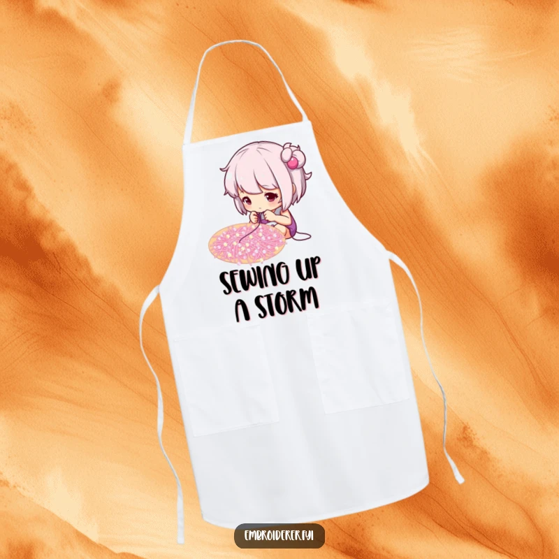 Funny apron with a focused crafter stitching tiny beads onto a swirling pattern, ideal for messy creativity.