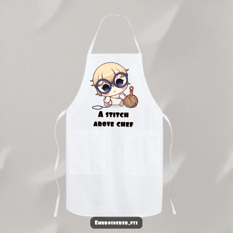 Funny crafter apron with a cute character in big glasses, intensely focused on needle and thread, for practical use.