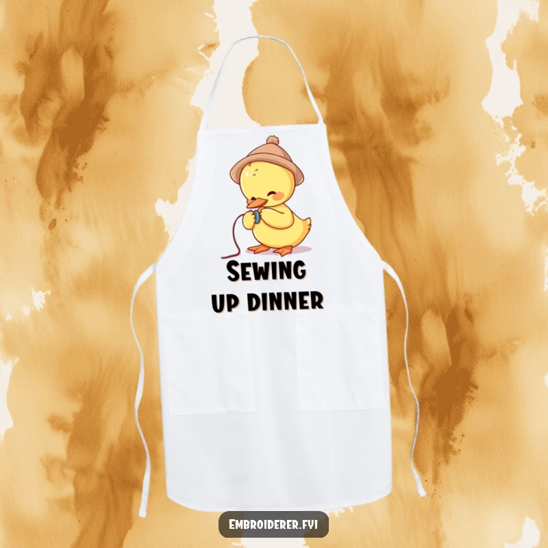 Funny apron depicting a cute duck in a tiny hat struggling to sew a button, ideal for kitchen fun and crafty cooks.