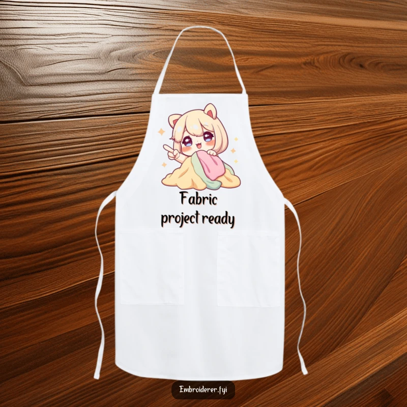 Funny apron featuring a character with sparkling eyes, excitedly pointing at a pile of fabric, perfect for keeping clean during sewing.
