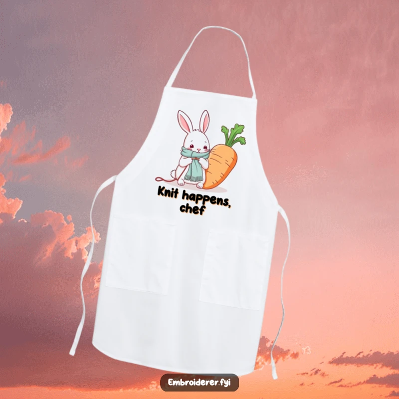 Funny apron depicting a rabbit knitting a scarf for a giant carrot, ideal for kitchen fun and crafty cooks.