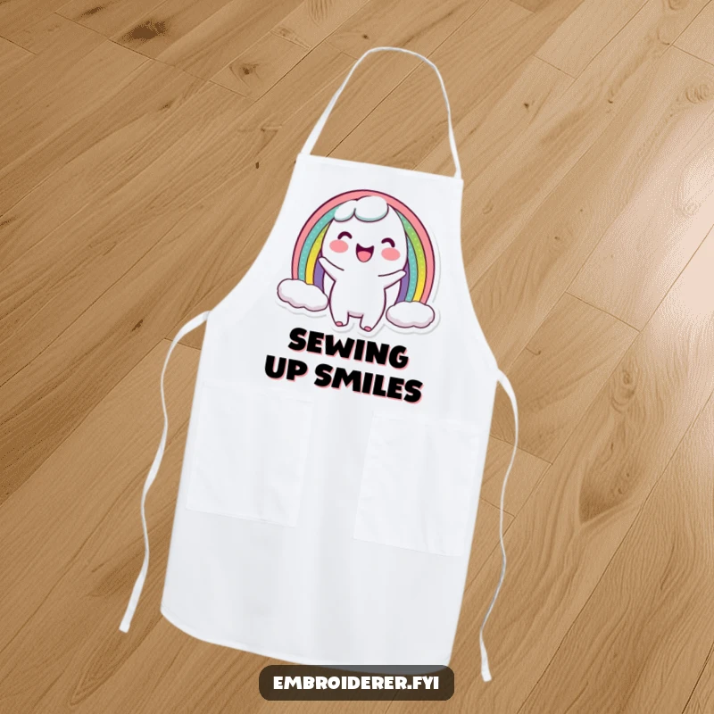 Funny apron with a character displaying a perfectly stitched miniature rainbow arc, ideal for joyful cooking, baking, or crafting sessions.