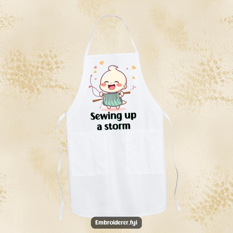 Funny apron with a cheerful figure laughing as stitches fly from a needle at high speed, ideal for a humorous and clean crafting experience.