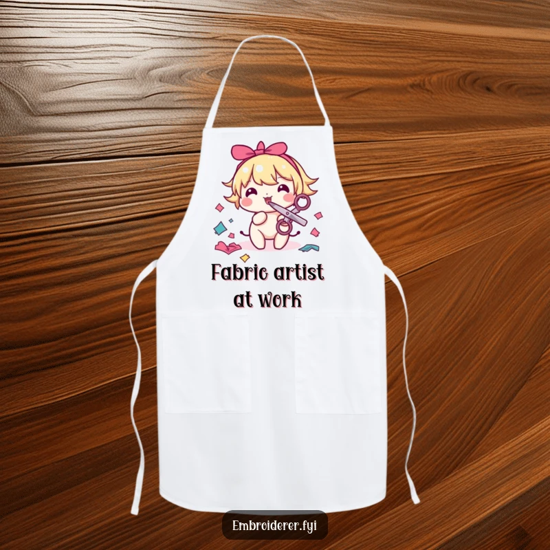 Funny sewing apron showing a character with scissors in its mouth, playfully snipping colorful fabric scraps, perfect for protecting clothes.