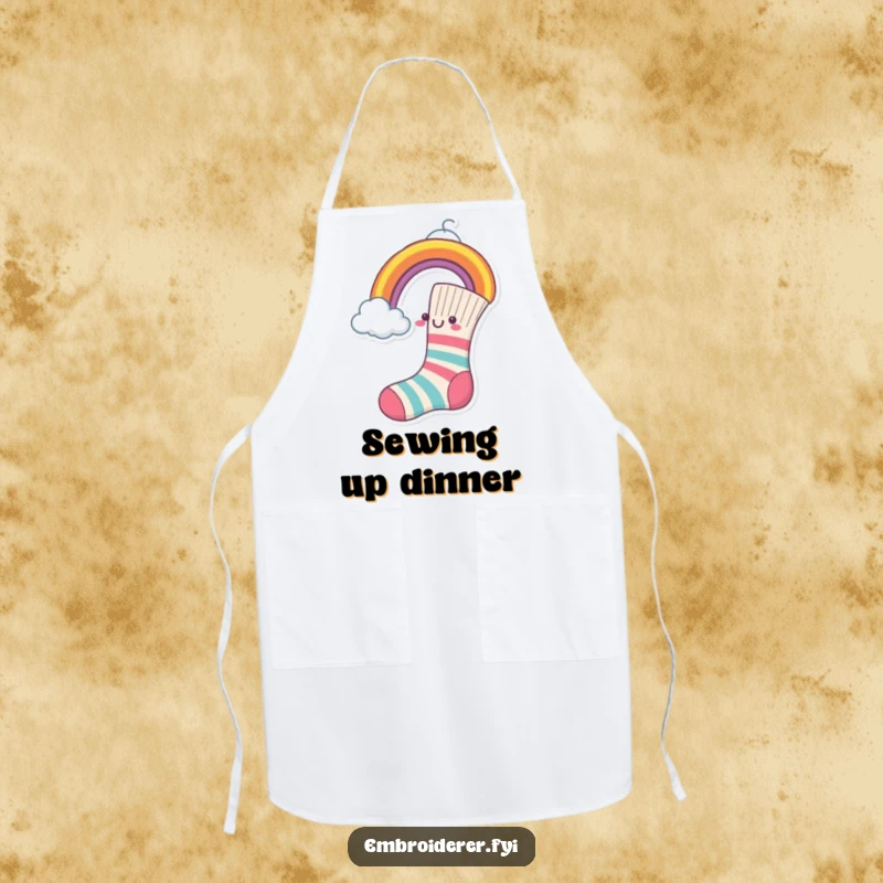 Funny Apron showing a cheerful sock sewing a rainbow onto a cloud.