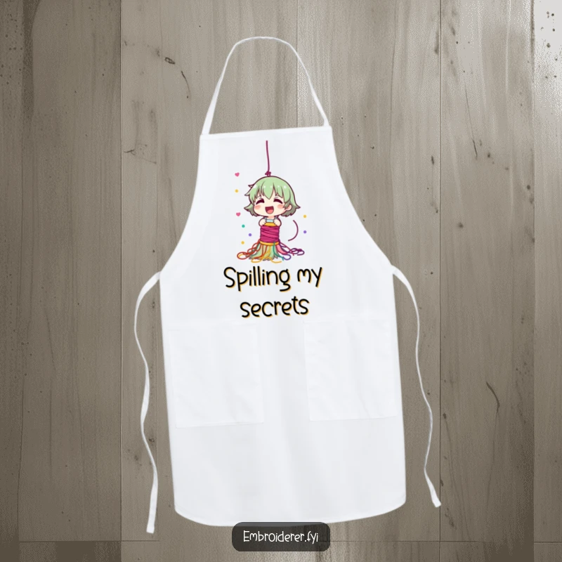 Funny apron showing a giggling character dropping a spool of thread, resulting in a colorful cascade of yarn.