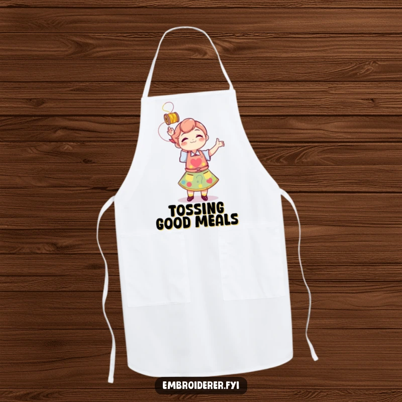 Funny character in a colorful apron playfully tossing a spool of thread, featured on an apron for crafters.