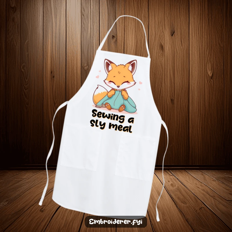 Funny apron showcasing a winking fox sewing fabric, providing protection with a touch of humorous, sly craftiness.