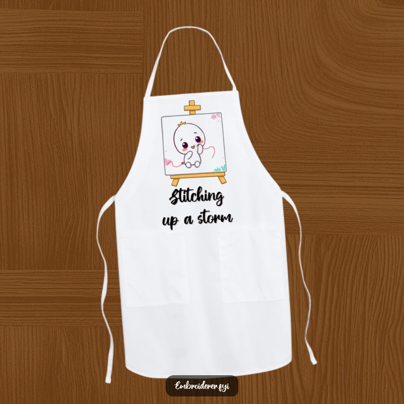 Funny apron featuring a character with a needle creating a wiggly stitch on a canvas, perfect for messy art or kitchen fun.