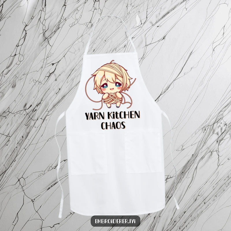 Funny apron featuring a character comically tangled in yarn, looking flustered but smiling, protecting during knitting with humor.