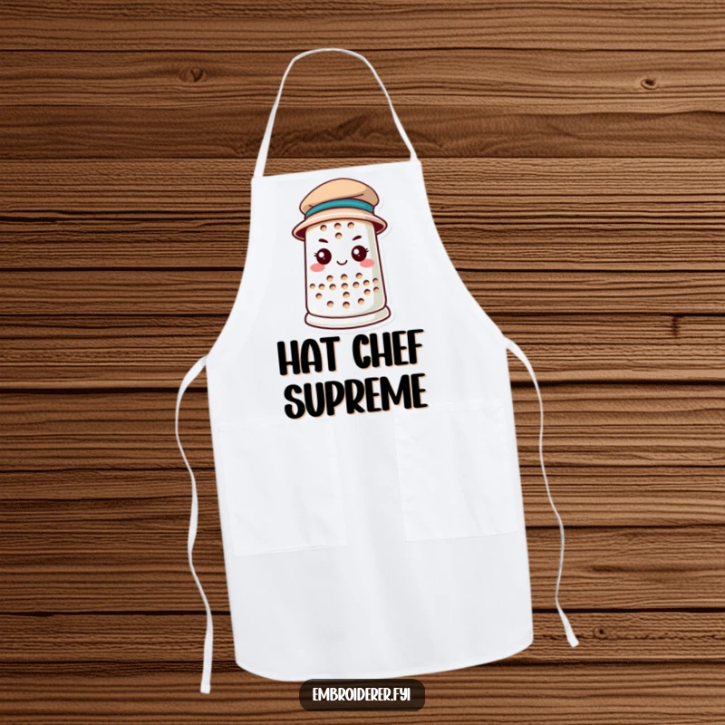 Funny anthropomorphic thimble wearing a tiny hat on an apron, ready for sewing tasks with a determined spirit, perfect for funny apron wearers.