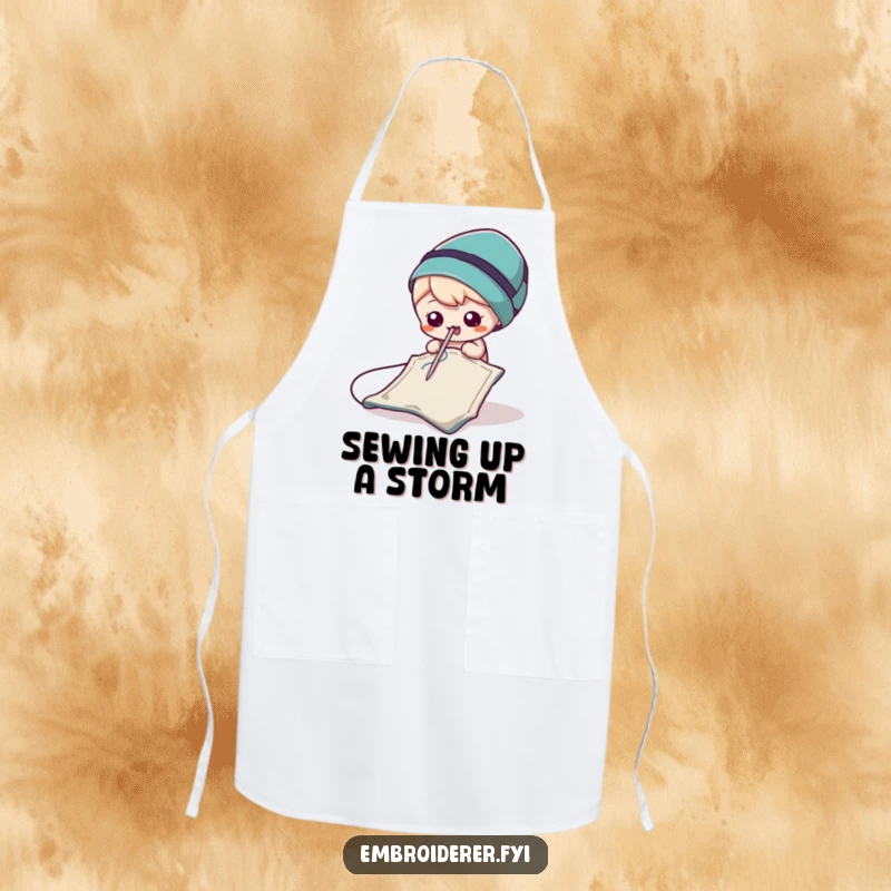 Funny Needle Apron featuring a playful needle mischievously poking a scrap of fabric, adding humor to sewing tasks.