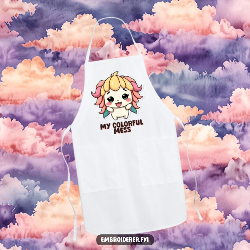 Funny apron featuring a proud character displaying a slightly lopsided but colorful creation, perfect for protecting during crafting with pride.