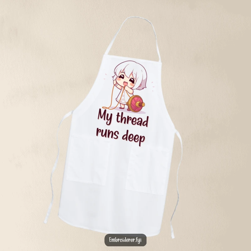 Funny Apron: A character gleefully pulling a long, colorful thread from a spool, protecting wearers during creative endeavors.