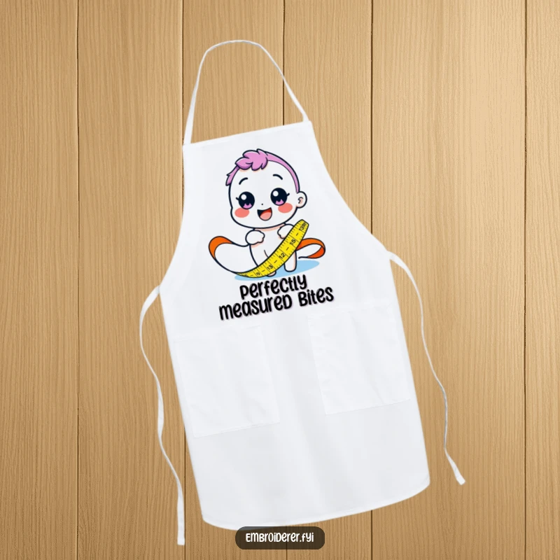 Funny apron featuring a happy character measuring fabric with a colorful tape measure, perfect for precise sewing.