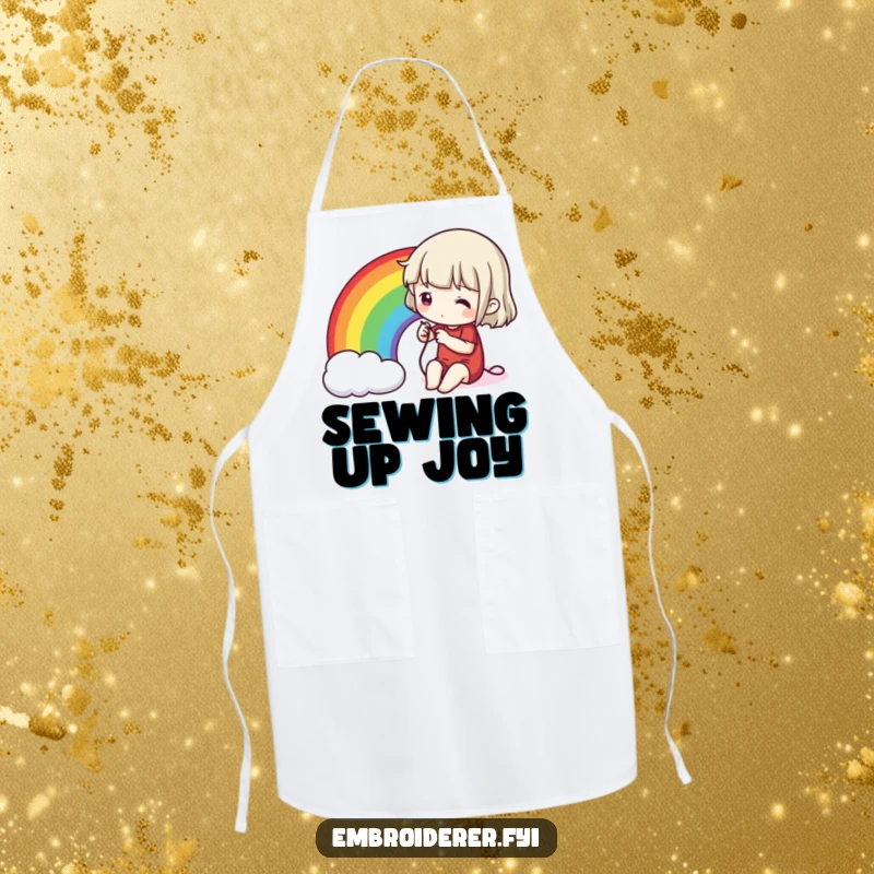 Funny stitching rainbow apron, illustrating a character sewing a bright rainbow onto fabric, ideal for creative kitchen activities.