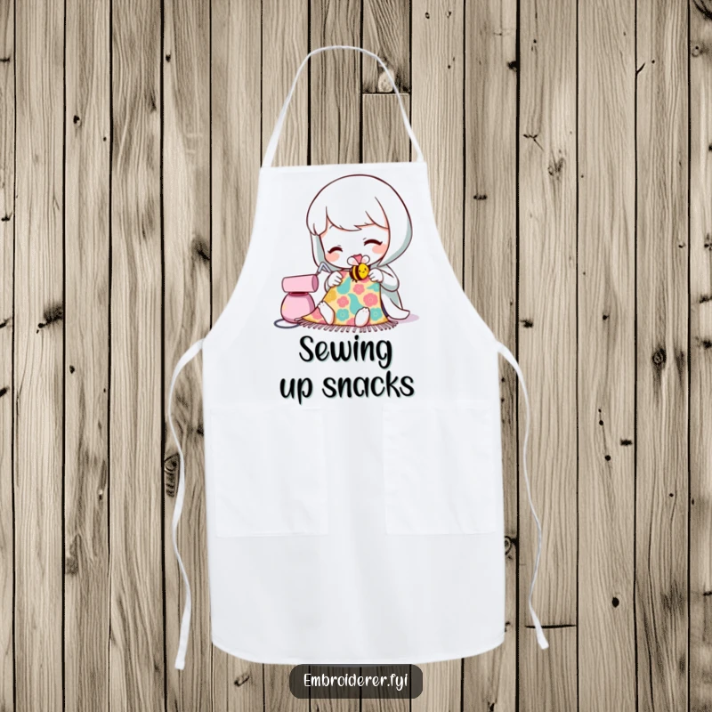 Funny apron with a character sewing a small, smiling bee, designed for kitchen or studio use with a humorous style.
