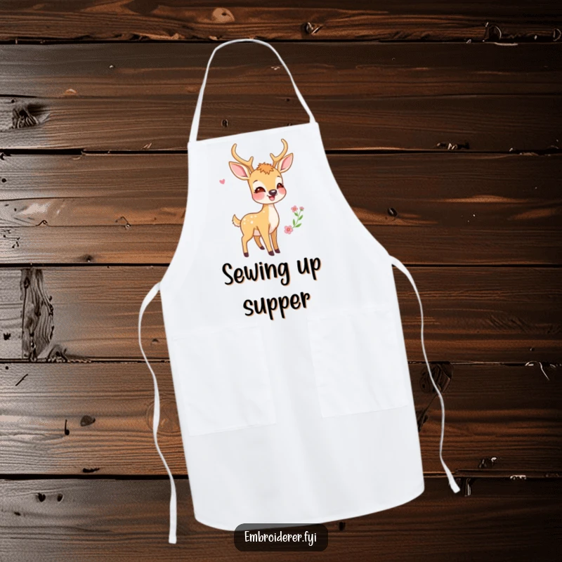 Funny apron featuring a smiling deer wearing it proudly while admiring a delightful embroidery project he has just finished.