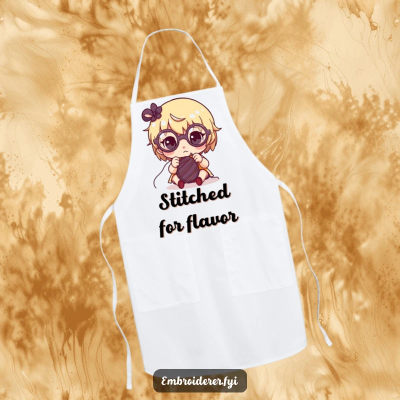 Funny apron showing a cute character with big glasses, intently sewing using a needle and thread.