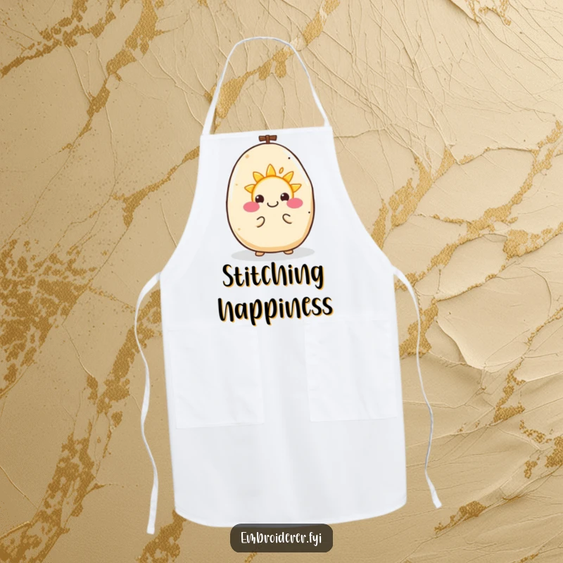 Funny apron with a happy potato enthusiastically embroidering a tiny smiling sun, perfect for the creative chef.