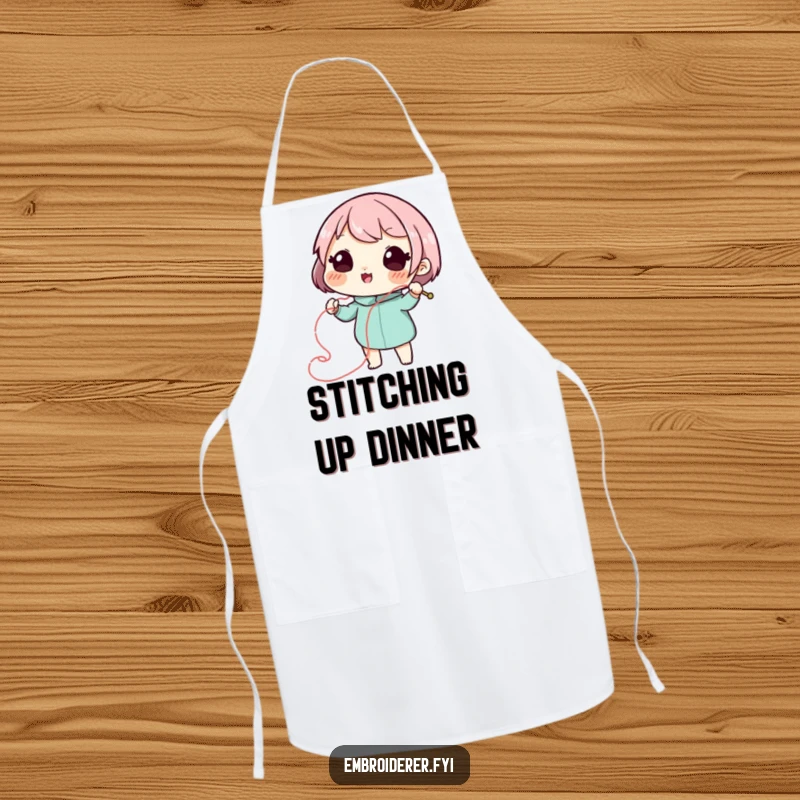Funny stitch artist apron with a playful character drawing a swirling, decorative line with needle and thread, protecting crafters.