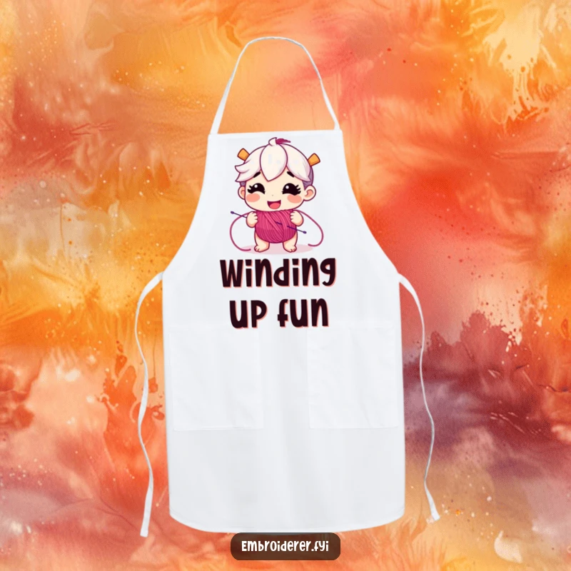 Funny apron with a cheerful character unspooling a vibrant array of embroidery floss, perfect for mess-free crafting.