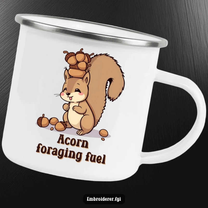 Funny camping mug showing a squirrel balancing a tower of acorns on its head, perfect for outdoor enjoyment.
