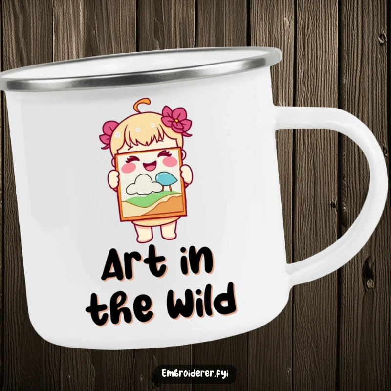 Funny camping mug with a joyful character holding up a piece of embroidered art, symbolizing outdoor creative achievement.