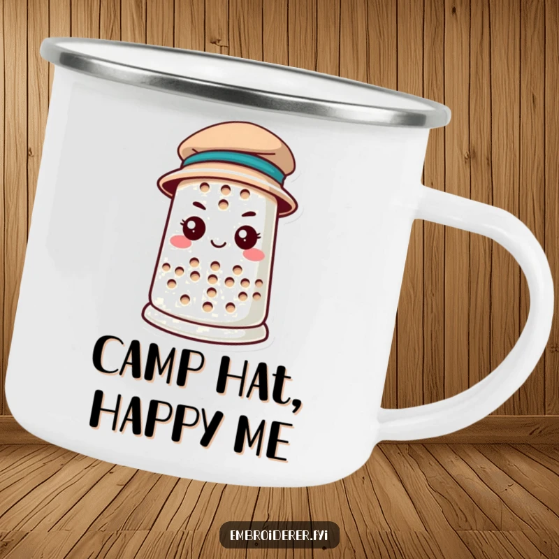 Funny anthropomorphic thimble wearing a tiny hat on a sturdy camping mug, blending outdoor ruggedness with determination-themed humor, perfect for funny camping mug users.