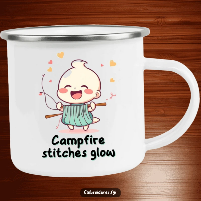 Funny camping mug with a cheerful laughing figure as stitches fly from a needle at high speed, perfect for outdoor crafting.