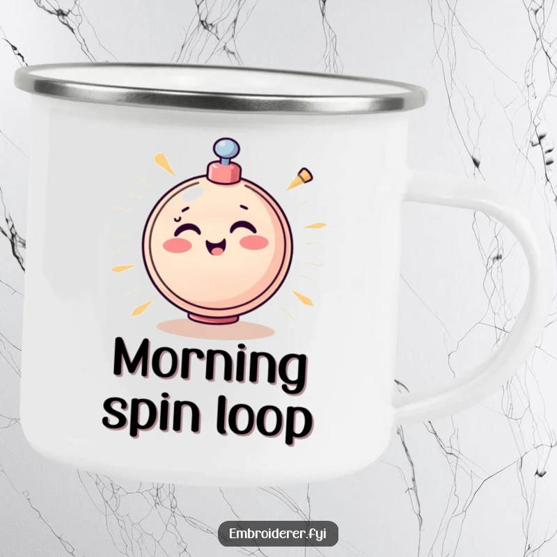 Funny Bobbin Camping Mug depicting a cheerful bobbin spinning rapidly, ideal for crafters who enjoy the outdoors.