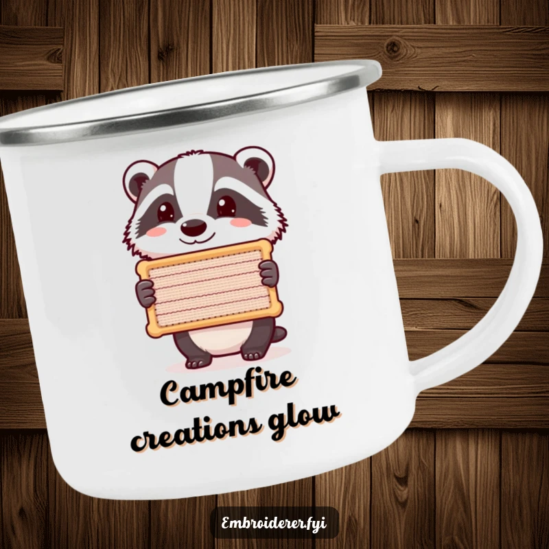 Funny Badger Stitch Camping Mug, a proud badger holding a stitched item, enamel mug with humorous craft theme.