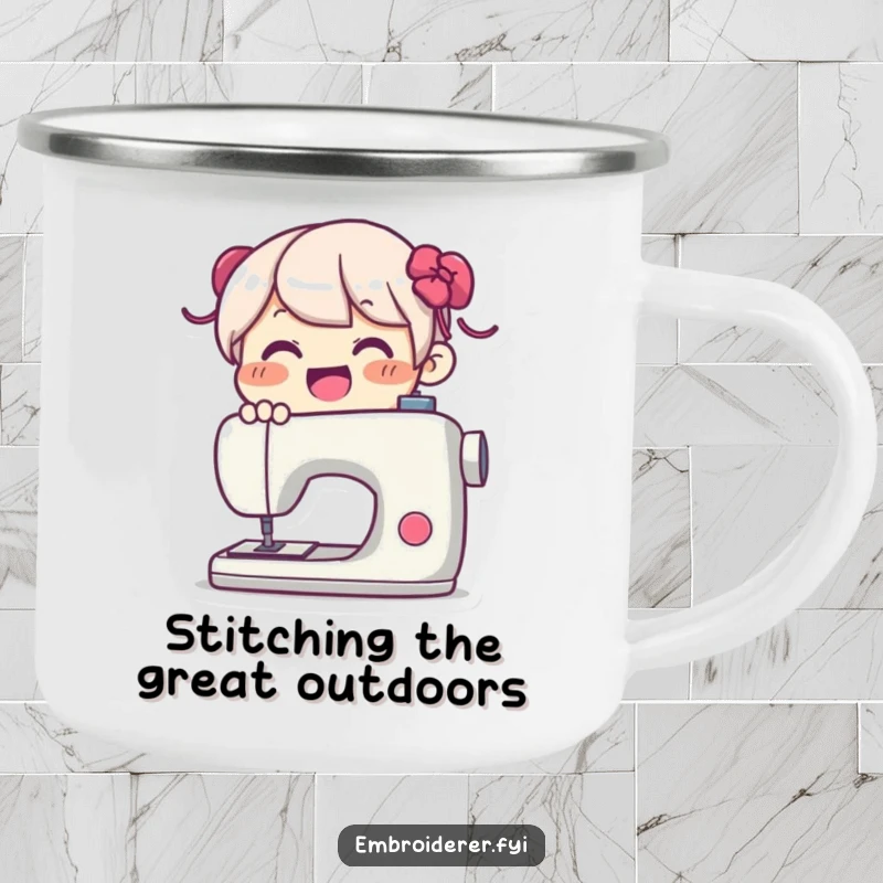 Funny Camping Mug: Joyful character happily using a sewing machine, ideal for enjoying hot beverages outdoors with a crafting touch.