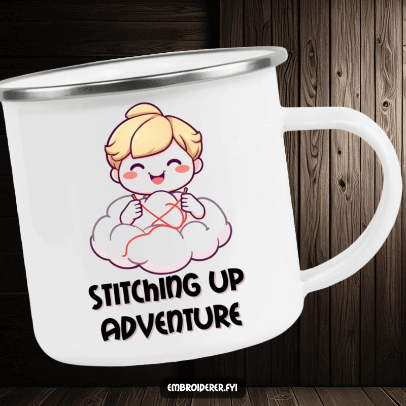 Funny smiling character crafting a fluffy cloud on a camping mug, perfect for enjoying beverages outdoors with whimsical humor.