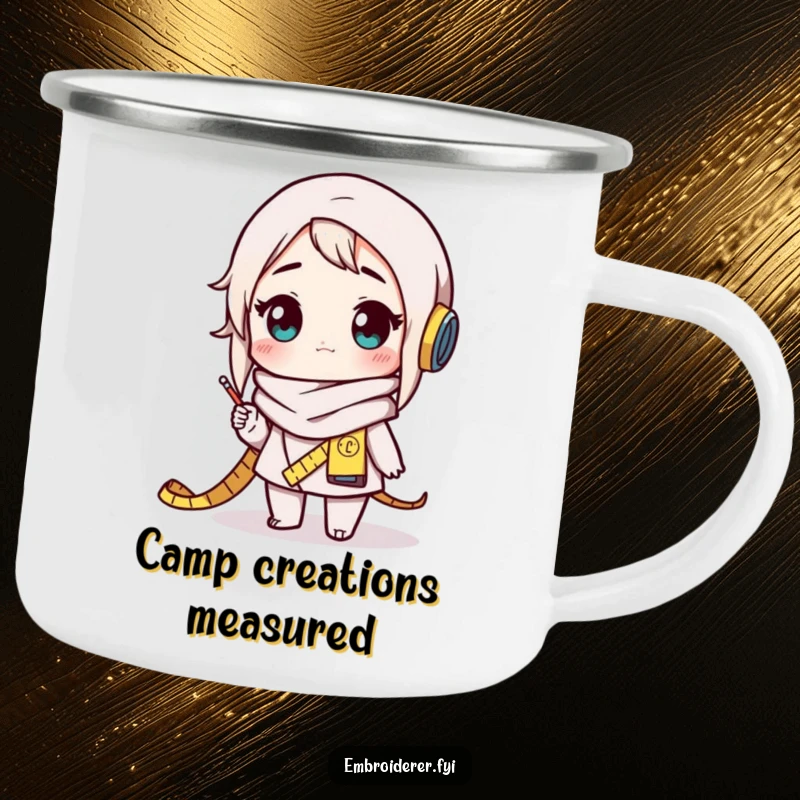 Funny crafter camping mug with a character wearing a measuring tape scarf, looking amazed at their creation, perfect for outdoor crafting.