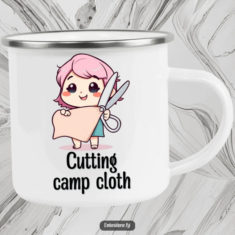 Funny camping mug depicting a happy character with comically large scissors, ready to cut a fabric swatch.