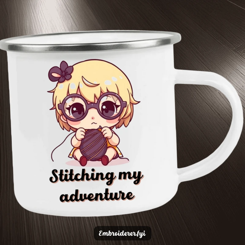 Funny camping mug featuring a cute character in large glasses, intently sewing with a needle and thread.