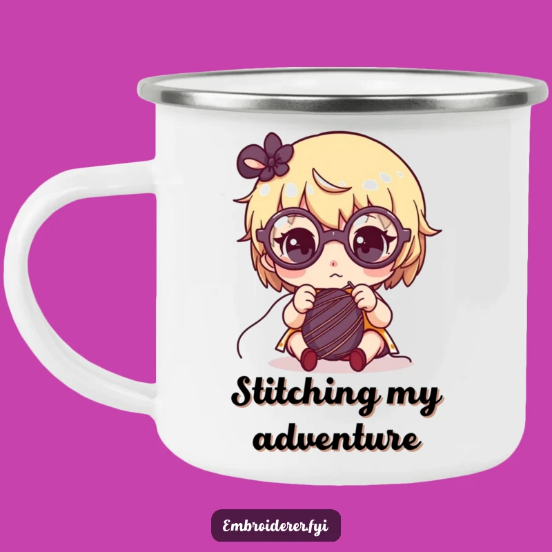 Funny Focused Crafter Camping Mug: Cute Glasses Character Sewing Drinkware