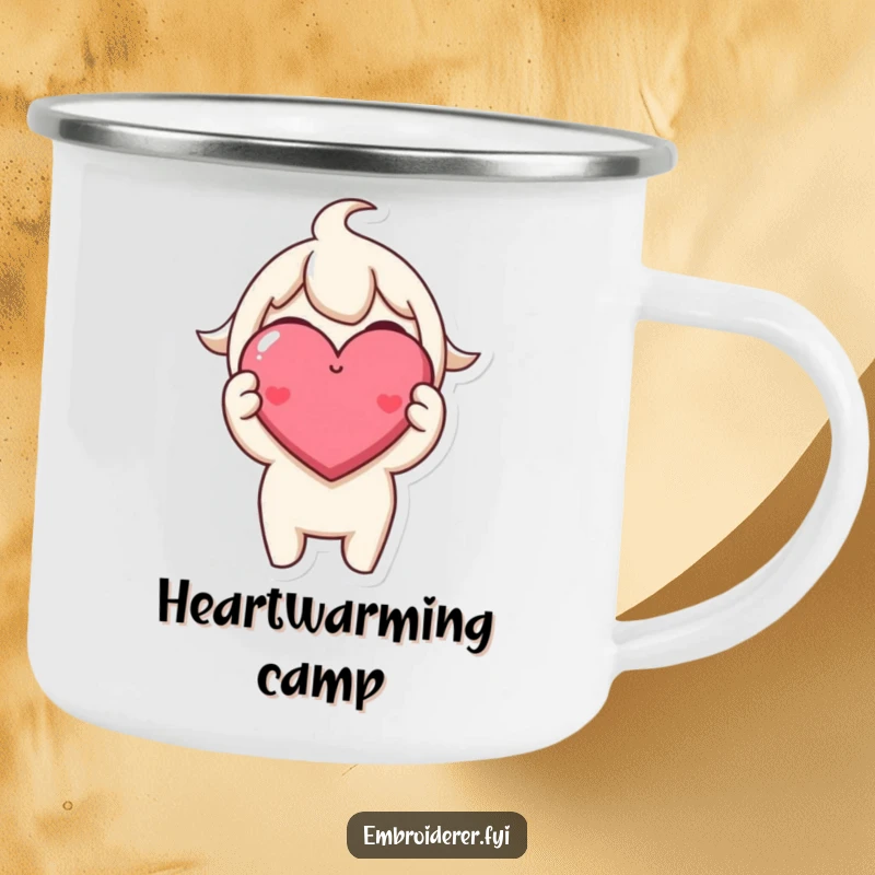 Funny Camping Mug: Character holds a tiny, perfectly stitched, smiling heart, perfect for outdoor crafting enthusiasts.