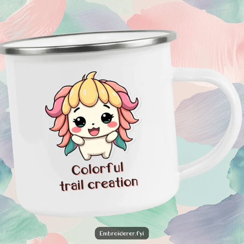 Funny camping mug featuring a proud character displaying a slightly lopsided but colorful creation, perfect for crafters enjoying beverages outdoors.