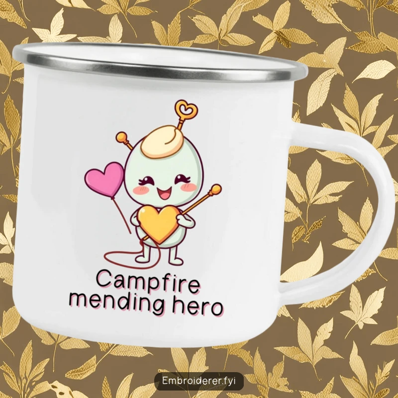 Funny anthropomorphic needle stitching a colorful heart on a sturdy camping mug, blending outdoor ruggedness with sewing-themed humor, perfect for funny camping mug users.