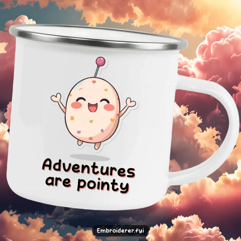 Funny pincushion camping mug featuring a joyful character bouncing, built for adventure and smiles.